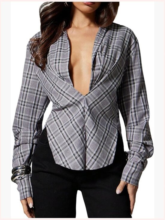 Tops - Plaid Button Down Shirt Long Sleeve Blouse Top